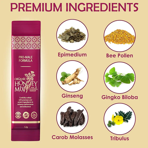 Organic Honey Mix Pro-Male Bio - Aphrodisiaque Premium | Ginseng Tribulus Épimédium