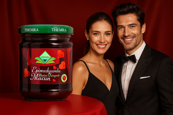 Image publicitaire avec fond rouge et personnes souriantes pour Epimedyumlu Macun THEMRA