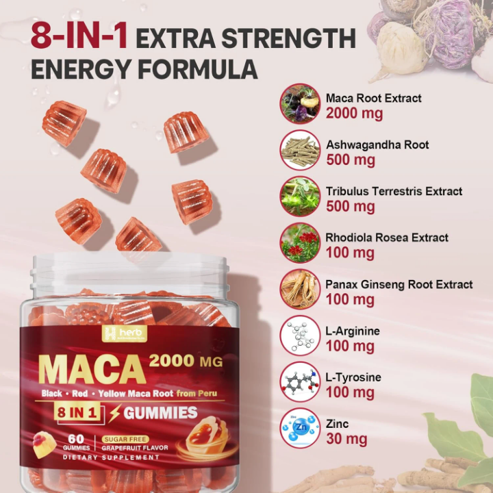 Maca 8-en-1 Gummies Énergie 120 | Force Extra Vitalité Premium
