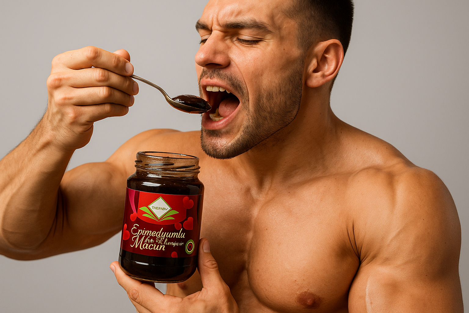 Homme musclé consommant le miel Epimedyumlu Macun