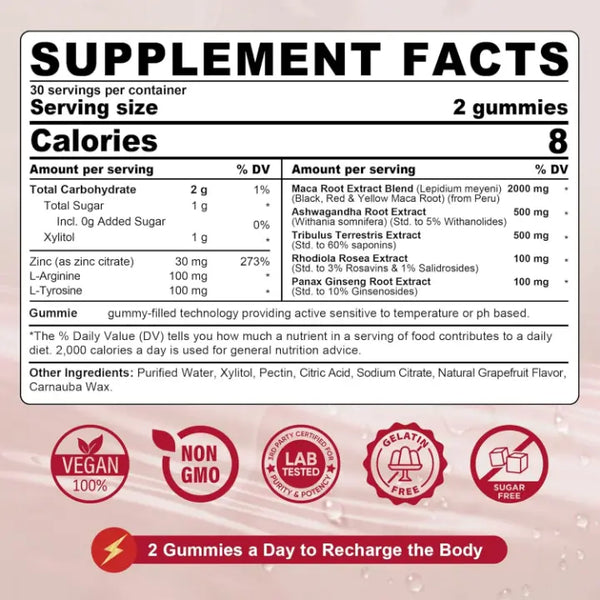 Maca 8-en-1 Gummies Énergie 120 | Force Extra Vitalité Premium Harmonical Flavors
